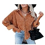 WAQD Retro Vintage Damen Hemd Cordjacke Oberteile Casual Langarm Outwear Streetwear Freizeitjacke Basic Bluse T Shirt Hemdjacke Damen Einfarbig Bluse Revers Langarm Tops Elegant H