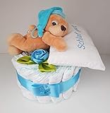 Windeltorte blau, Geschenk zum Geburt, Taufe, Babyparty Junge, Windeln'Pampers' Gr.3, Kuscheltier B
