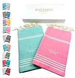 SOLTAKO XXL 2X Fouta Strandtuch Handtuch Saunatuch Badetuch Hamamtuch Yoga Decke Pestemal in Kirschblütenrosa & Mint Farben als 2er Geschenkset extra groß, 100 x 200