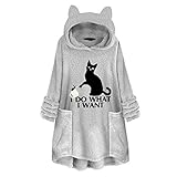 YEBIRAL Damen Herbst Winter Kapuzenpullover Flauschig Teddy-Fleece Winterpullover Hoodie Pullover Warm Bequem Casual Katze-Ohr Langarmshirt Sweatshirt Mit Kapuze(L,Y-01 Grau)