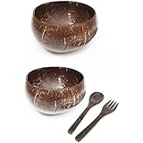 YULIN Kokosnuss Schalen 2er Set,Nachhaltige Plastikfreie Coconut Bowl mit Holzlöffel, Gabel | Perfekt für Nudeln, Smoothies, Mü