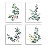 KAIRNE 4er Set Moderne Poster Set Wohnzimmer,Aquarell Grüne Blätter Bild,Premium Rosa Blumen Pflanze Wandbild,Stilvolle Eukalyptus Grüne Pflanzen Bilder für Schlafzimmer Büro Deko Leinwand,Ohne R