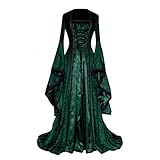 Kleid Damen Mittelalter Renaissance Kleider Gebunden Taille Vorderseite Kreuzung Bandage Kleider Weich Stoff Abendkleid Mit Große Kapuzen Cocktailkleid Damen Rücken Schleife Abendkleid Lang(Grün)