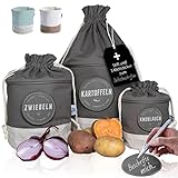 Glückstoff® Aufbewahrungsbox 3er-Set aus Stoff [Nachhaltig] Kartoffel Knoblauch Zwiebel-Topf | Küchen-Deko Bad Vorrats-Behälter | Vintage Korb Retro Leinen-Beutel | Lagerung Lebensmittel Gemüse (Grau)