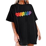 Damen Oversized Tshirt Tops Vintage Regenbogen Drucken Herz Blusen Sommer Kurzarm Tee Shirt Retro Kurz Ärmel Shirt Hemdbluse Große Größen Sommertop Teenager Madchen Schlupfblusen Alltag Ob