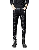 Idopy Herren Black Punk Soft PU Kunstleder Motorrad Bikerhose mit N