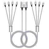 2er-Pack Multi-Ladekabel, 1,8 m, 3 A Multi-Ladekabel, Nylon geflochten, 4-in-1 Multi-USB-Kabel, mehrere Ladekabel, Anschluss mit Typ C Micro-USB-Anschluss für Handys und mehr, Silber [Upgrade]