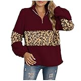 NHNKB Fleecepullover Damen Winter Pullover Leopard Colorblock Teddy Fleece Sweatshirt Hoodie Langarmshirt Frauen Oberteile Top