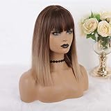 Mode Mädchen Wigs Dunkel Blonde Bob Perücken mit Pony kurz Glattes Mittellange Täglich Damenperücke Farbverlauf Braun Cosplay Anime Perücke für Frauen 14 Z