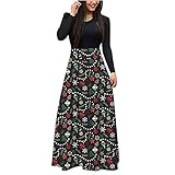 STOREYH Damen Cartoon Weihnachten Druck Rock Volltonfarbe Tops Spleiß Maxi Kleider Elegant Rundhals Langarm Wickel Tunika Rollenspiel Kleid Hexe Party Festlich Abend Frauen Dress Karneval Blusenk