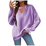 Cut Out V-Ausschnitt Sweater Damen Pullover Elegant Kreuz Strickpullover Mode Einfarbig Sweater Tops Casual Lose Pulli Langarm Jumper Oberteile Rüsche Langarm Süss Winter Lang
