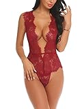 Meaneor Fashion_Origin Damen Sexy Body Dessous Rückenfrei Spitze Bodysuit Negligee Reizwäsche, Dunkelrot, Gr.- L