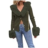 Freenfitmall Damen Parka Jacke mit Kunstpelzkragen, Cardigan mit Taschen, Damen Lose Langarm Strickwaren Oversized Sweater, grün, M