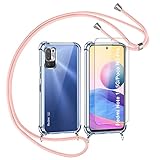Vauki Handykette Handyhülle und Panzerglas Schutzfolie für Xiaomi Redmi Note 10 5G/Poco M3 Pro 5G mit Band Hülle Transparent Silikon Stoßfest Schutzhülle mit Kordel zum Umhängen Necklace 6,5, Roség