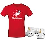 Alsino Unisex Weihnachten Nikolaus Xmas Kostüm Christmas T-Shirt Rot Einhorn Frohe Weihnachten mit Hausschuhe Pantoffel, Größe S, Schuhgröße 38/39