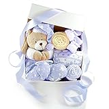 dubistda-WINDELTORTEN-® Baby Geschenkbox zur Geburt SPIELUHR TEDDYBÄR blau | Geschenkkorb 6-teilig