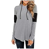 Lazzboy Kapuzenpullover Frauen Farbblock Pullover Hoodie Langarm Herbst Shirt Lose Casual Tops Damen Kordelzug Einfarbig Oversize Sweatshirt Mit Taschen(Grau,XL)