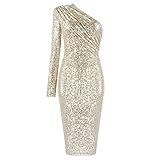 Damen Abendkleid Pailletten Perlenstickerei Damen One Shoulder Kleid Slim Body Party Midikleid Hohe Taille Damen Partykleid Cocktailkleid, L-F, Gold,