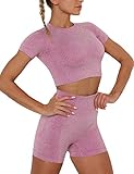 SHAPERIN Damen Nahtlos Sport T-Shirt Kurzarm Bauchfrei Oberteile Crop Top Push up Fitness Sportoberteile Anti-Cellulite Laufshirt für Gym Leggings(#3 Rosa,L)