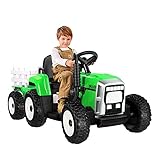 Elektrischer Traktor mit Anhänger, 12V 7Ah Elektro Traktor Kindergeschenk mit 35W Motoren Eva Reifen, 2.4G Fernbedienung, 2+1 Gangschaltung, Hupe, Bluetooth, USB, MP3, 7-LED Scheinwerfer-Grü