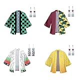 DANGANCOS Demon Slayer Kimono Kamado Tanjirou Umhang Kimono Yukata Haori Roben mit Ohrringe Outfit Cosplay Kostüm Halloween Karneval Sommer Nachtwäsche T-Shirt Top