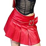 iSayhong Mädchen Frauen Faux Leder Faltenrock Vintage Hohe Taille A-Linie Rüschen Kurz Mini Skater Rock, rot, 44