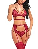 ADOME Erotische Dessous-Set Damen Reizwäsche 4-TGL Erotik Strapse Set Unterwäsche Sexy Spitze BH und Slip Strumpfband für D