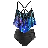 B-commerce Damen Tankini-Set mit gepolstertem Push-Up-Overlay-Druck, Volant, O-Ring, Riemchen-Tankini, blau, 52