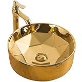 Aufsatzwaschbecken Luxusgold Rundes Keramisches Badezimmer Waschbecken Kunst Arbeitsplatte Waschbecken Haushalt über Counter Becken Bad Gefäß Waschbecken mit Wasserhahn, 16 '× 16' Waschbeck