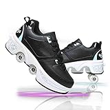 Rollschuhe 2 in 1 Skateboard Schuhe Kinderschuhe Mit Rollen Roller Skate Shoes Sportschuhe Einstellbar Sneakers Mit Rollen,Black+Blue,37