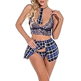 Frauen Babydoll Sexy Unterwäsche Naughty Lace Sleepwear Nightwear Set for Sex Bodysuit Bustier Hollow Suit-Blue||L