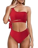 OMKAGI Damen-Bikini, hohe Taille, hoher Schnitt, eine Schulter, zweiteiliger Badeanzug, rot, L