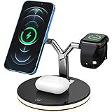 Kabelloses Ladegerät mit LED Lampe, 15W 3 in 1 Qi-Zertifiziert Schnell Ladestation für iPhone 12/12 Pro/11 Pro Max/XR/XS/X/8/8 Plus, iWatch Series AirPods Pro/2,Schw