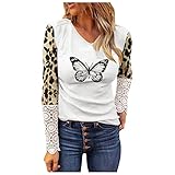 Damen Langarmshirt Sexy Knopfleisten Rundhals Shirt Damen Langarm Langarmhemd Spitze Spleißen Ärmel Shirt Basic Oberteile Button Casual Pullover Einfarbig Langarmshirt Slim Fit Tops mit Knöp