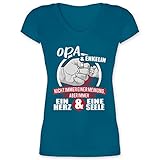 Sprüche Statement mit Spruch - Opa & Enkelin Immer EIN Herz & eine Seele - weiß/rot - XL - Türkis - Opa - XO1525 - Damen T-Shirt mit V
