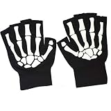 Melop Unisex Halbfinger Handschuhe Skelett Muster Glow in The Dark Halloween Schädel Knochen Gemustert Strick