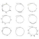 Huture 9 Stücke Damen Fußkettchen 925 Sterling Silber Barfuß Strand Knöchel Armbänder Boho Knöchel Ketten Silbernes Fußspange Sommer Strand Fuß Schmuck Verstellbare Fußkettchen Silberschmuck Ank