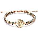 BENAVA Damen Yoga Armband Schmuck mit Lebensbaum Anhänger aus Jaspis Edelstein Perlen Grün Bunt Gold | Meditation Boho Damenarmb