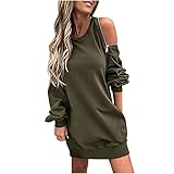 yiouyisheng Kleid Damen Schulter-Reißverschluss Schulterfreies Sweatshirt Kleid Einfarbig Langarm Pullover Kleid Teenager Mädchen Herbstkleid Pulloverkleid Off-Shoulder Blusenkleid D