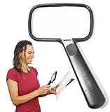 EasY Magnifier Rechteckige-Leselupe 2fach mit Hellem LED-Licht; Beste Grosse-Hand-Lupe mit Geschützter Klarer Acryl Linse -Beleuchtetes Vergrösserungsglas zum Lesen von Büchern Zeitungen Beipackzetteln; Stabile Kunststoff Lupe als Sehhilfe und praktisches Geschenk