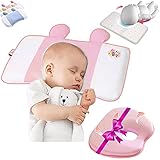 Orthopädisches Babykissen gegen Plattkopf(ROSA)-Memory Foam Anti Flachkopf Babykissen für Neugeborene -2 Kissenbezüge+Geschenk Memory Foam Reisekissen mit Kissenbezug-Kissen gegen Plagiozep