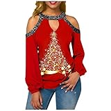 Timitai Damen Lose Weihnachtsdruck Sexy Trägerlose Laterne Langarm Hängendes Hals T-Shirt Nette Tops für F