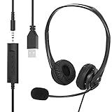 HUET USB-Headset & 3,5-mm-Klinkenstecker, 2-in-1 Telefon-Headset mit Mikrofon, Geräuschunterdrückung & Audio-Steuerung, PC-Kopfhörer für Gaming, Skype, Call-Center-Bürocomputer, klare S