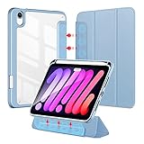 DUZZONA Transparente abnehmbare Hülle für iPad Mini 6 2021, [Eingebauter Stifthalter] ，Stoßfeste Trifold iPad Mini 6 8,3 Zoll Hülle mit Auto Wake/Sleep,Himmelb