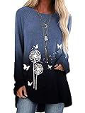 Colita Damen Pusteblume Bedruckte Kurzarm/Langarm Tunika Top Elegant Oberteile Lenzahn Langarmshirt Lose Bluse T-Shirt Rundhals Casual Tunika Tops Sw