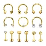 JSDDE 12 Stück Edelstahl Lippenpiercing Nasenpiercing Set 16g Labret Stecker Hufeisen Septum Ringe Creolen Ohrringe Clicker Körperpiercing für Ohr Helix Tragus Knorpel Lippen (Gold)