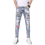 Qinvern Trendige zerrissene Herrenjeans, modischer Kontrast-Patch-Druck, Bequeme und vielseitige Freizeit-Denim-Hose 28