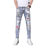 Qinvern Trendige zerrissene Herrenjeans, modischer Kontrast-Patch-Druck, Bequeme und vielseitige Freizeit-Denim-Hose 28