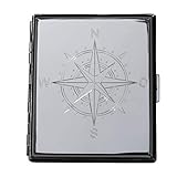 GravUp Zigarettenetui Hochglanz poliert mit Motiv : Windrose/Kompass : Mit SOFORTGRAVUR + VORSCHAU: Etui mit Klammerhalterung
