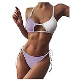 Sexy Bikini-Set für Damen, zweiteilig, gestreift, Badeanzug, Neckholder, Push-Up-Schnitt, Bademode, Strandmode, Badeanzug, Set für sexy Damen, violett, 42